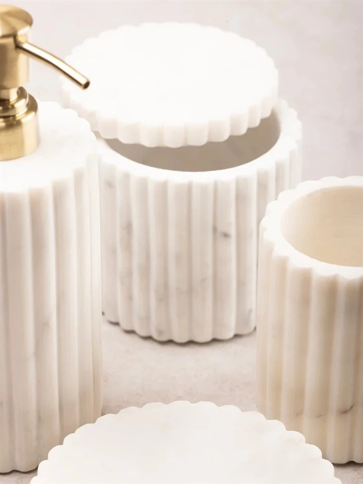White Marble Bath Set Deep Vertical Fluting Across All Four Forms best